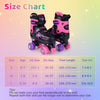 Size chart for kids' adjustable roller skates in pink, detailing foot lengths and corresponding sizes for optimal.