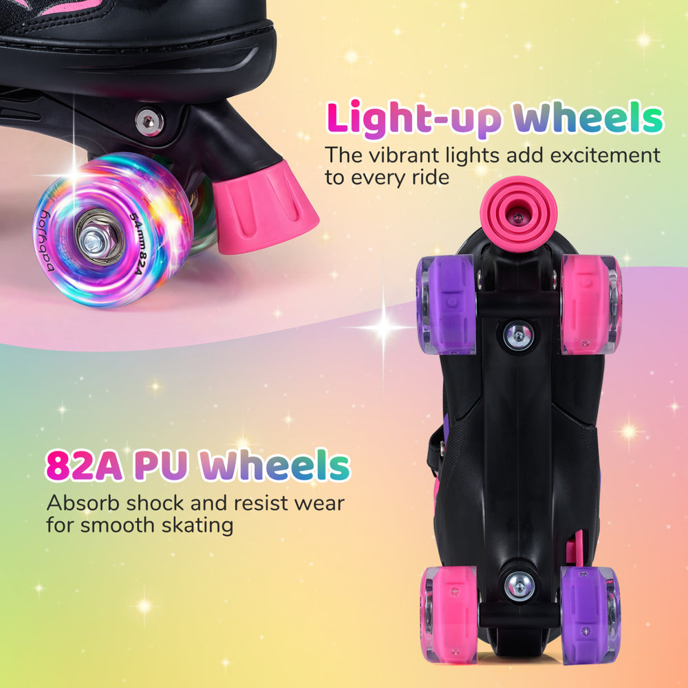 Light-up wheels of adjustable pink kids roller skates enhance excitement while 82A PU wheels ensure smooth skating.