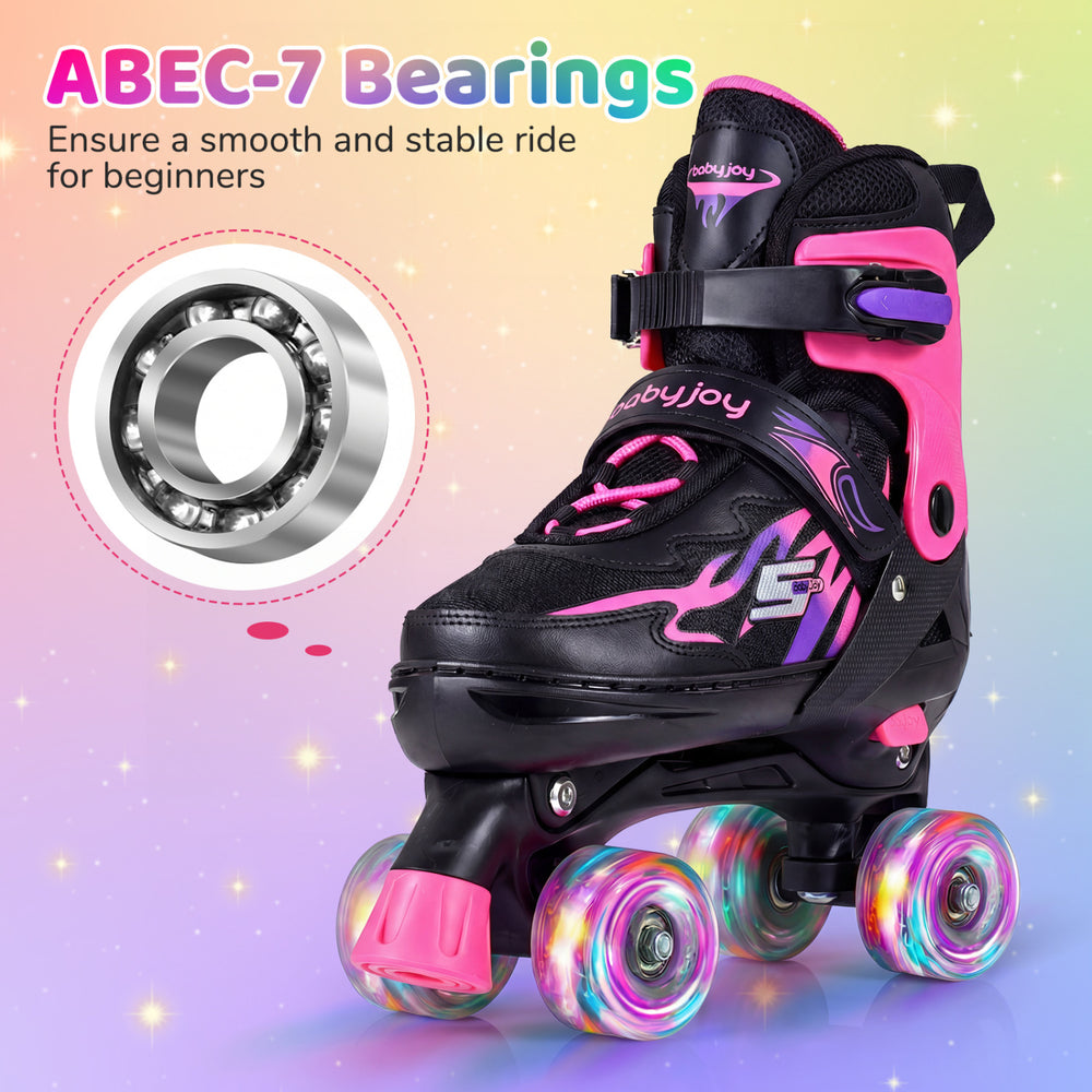 Kids roller skates in pink with adjustable sizes, ABEC-7 bearings, and light-up wheels for a fun skating experience.