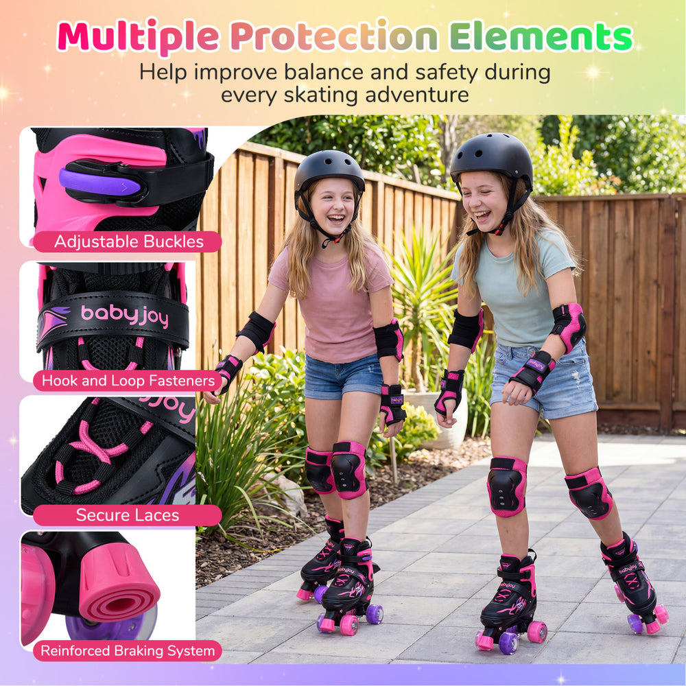 Kids roller skates in pink with adjustable sizes, light-up wheels, and secure laces for safe, fun skating adventures.