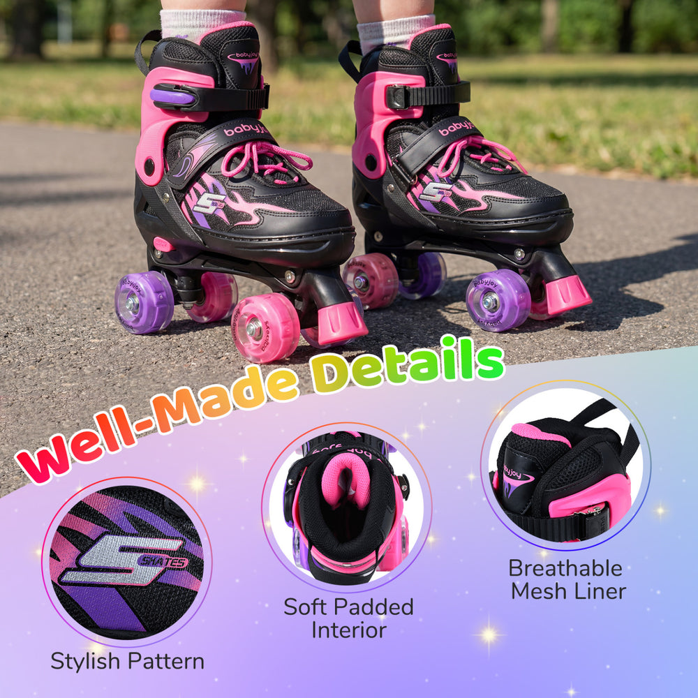 Kids roller skates in pink with light-up wheels, adjustable sizes, and breathable mesh liner for comfort and safety.
