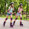 Two girls roller skating in a park wearing adjustable pink roller skates with light-up wheels for fun and safety.