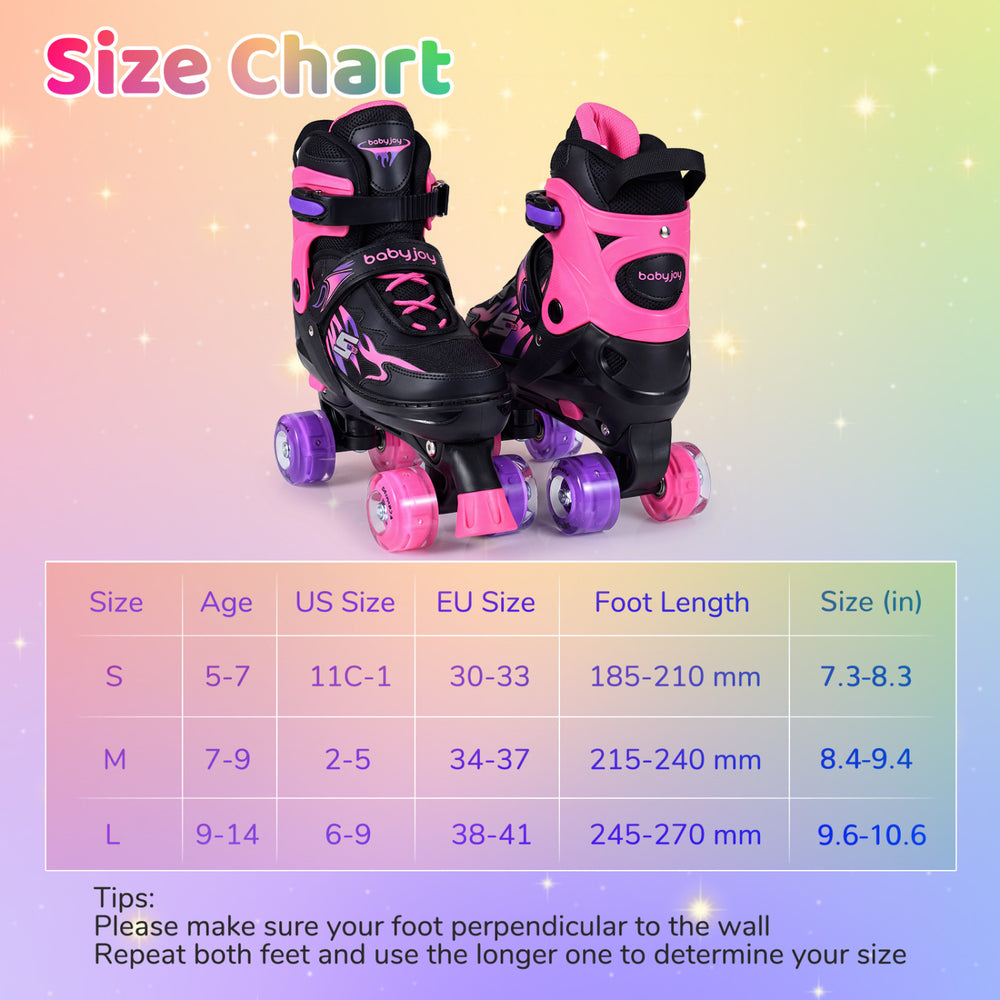 Size chart for Kids Roller Skates with adjustable sizing, highlighting foot length and age for optimal fit.
