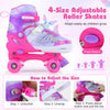 Kids roller skates in pink with adjustable 4-size design and light-up wheels, perfect for toddlers ages 7-9.