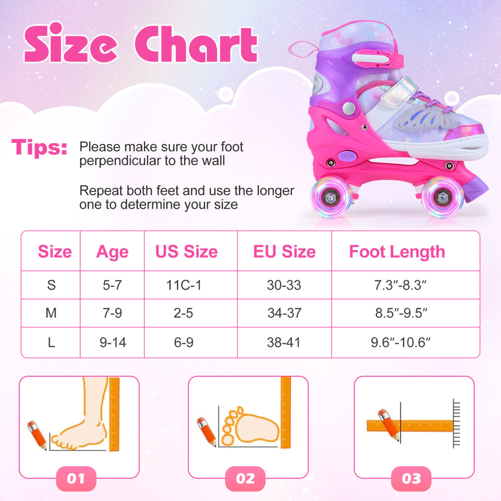 Kids roller skates in pink with adjustable sizing, light-up wheels, and a butterfly design for ages 7-9.