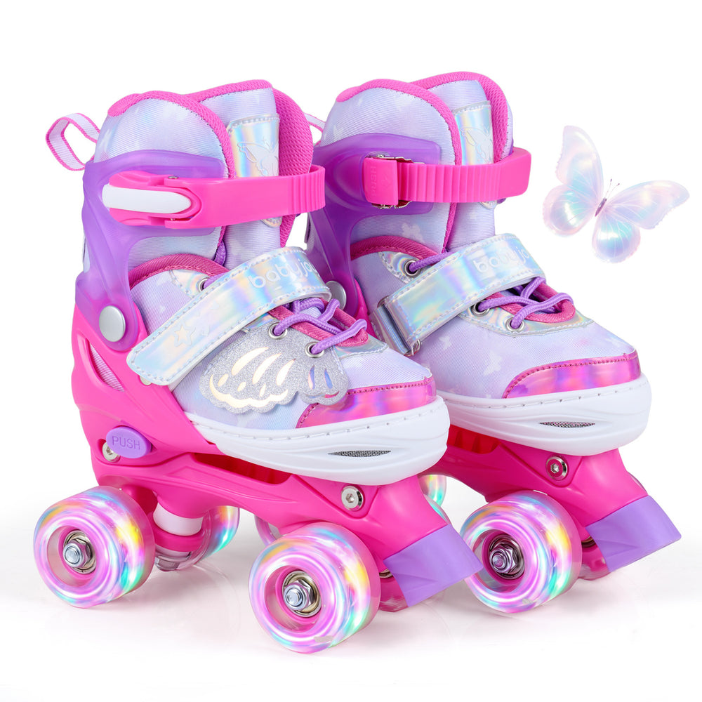 Kids roller skates in pink with butterfly design, featuring adjustable sizing and light-up wheels for toddlers ages 5-7.