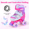 Close-up of kids roller skates in pink, showcasing premium ABEC-7 bearings and motion-activated LED wheels for toddlers.