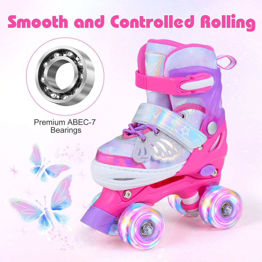 Close-up of kids roller skates in pink, showcasing premium ABEC-7 bearings and motion-activated LED wheels for toddlers.