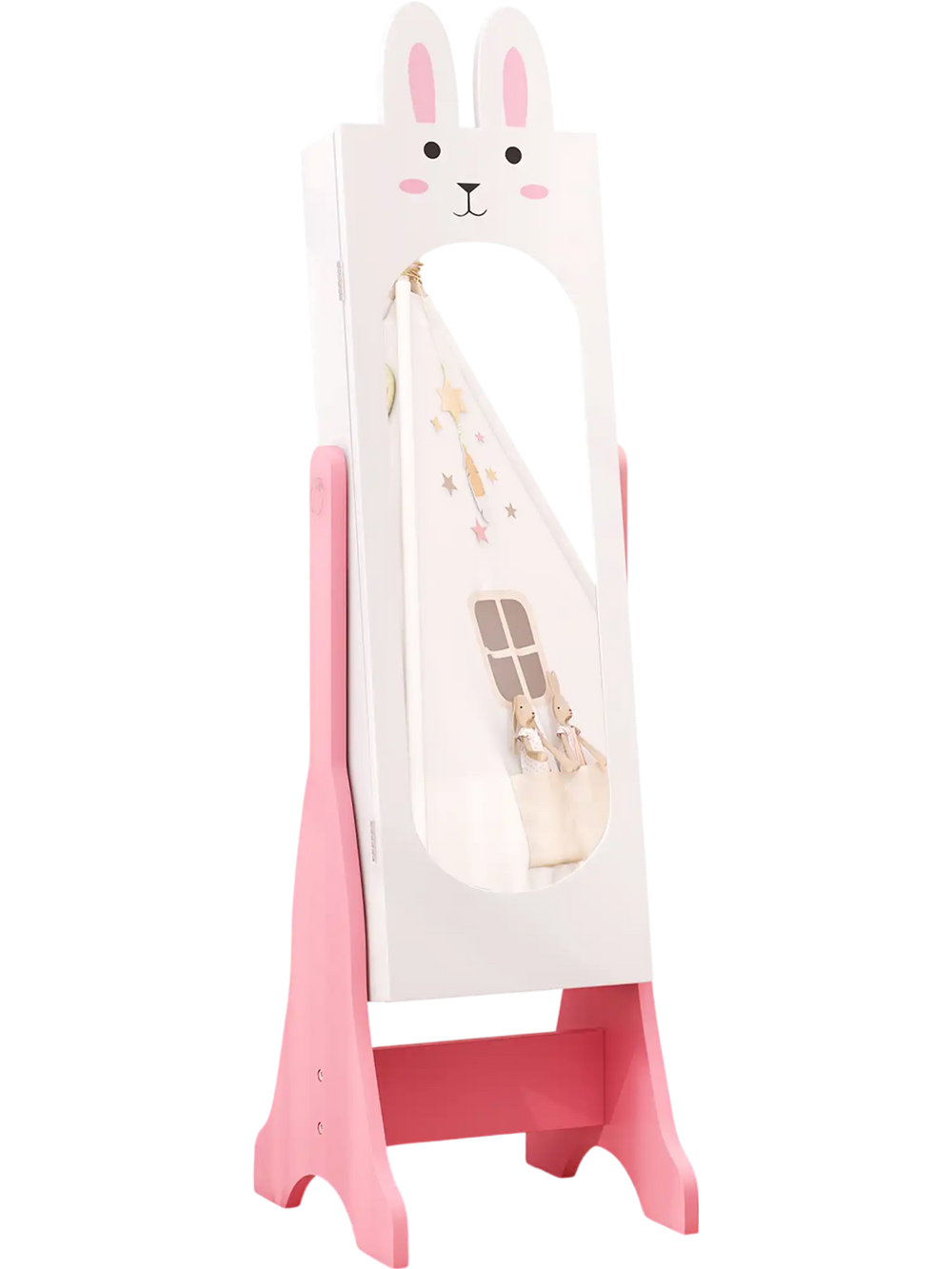 Kids vanity table set in white with full-length mirror, storage drawers, and ergonomic chair for children's rooms.