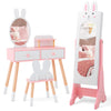 Kids room furniture set featuring a pink vanity table with mirror, two drawers, and a matching ergonomic chair.