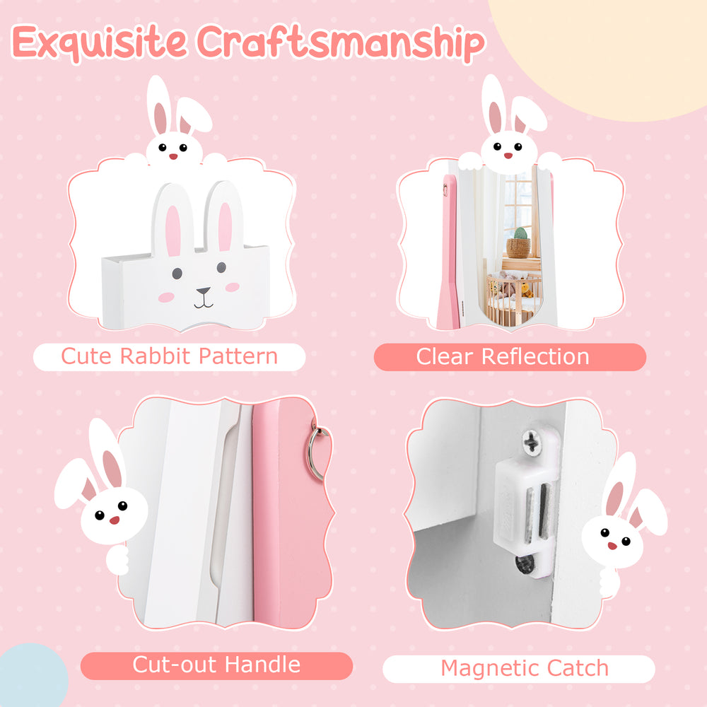 Kids room vanity table set featuring a clear mirror, cute rabbit design, and ergonomic chair for safe, stylish use.
