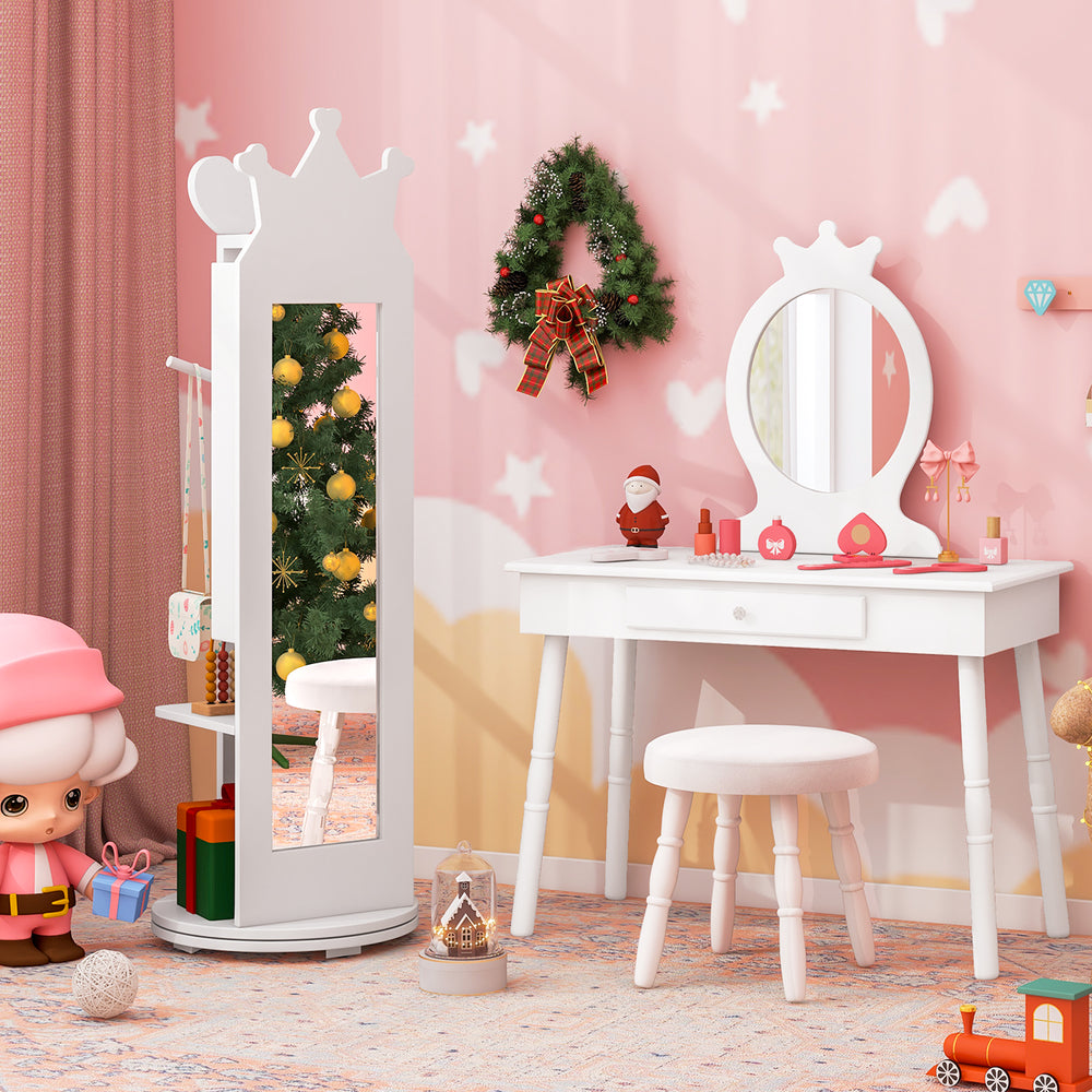 Princess vanity table and stool set in white with a full-length mirror, perfect for kids' room organization and.