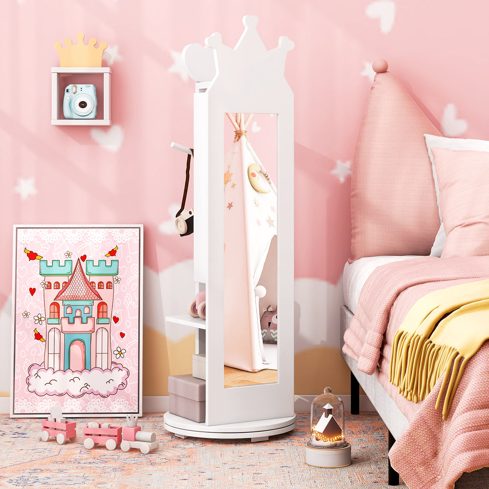 Princess vanity table and stool set with mirror, large storage, and 360° swivel design for kids' room organization.