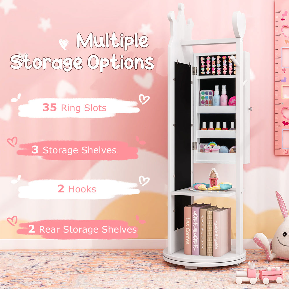 Kids vanity table set with mirror, 35 ring slots, 3 shelves, and 2 hooks for organized storage in white finish.