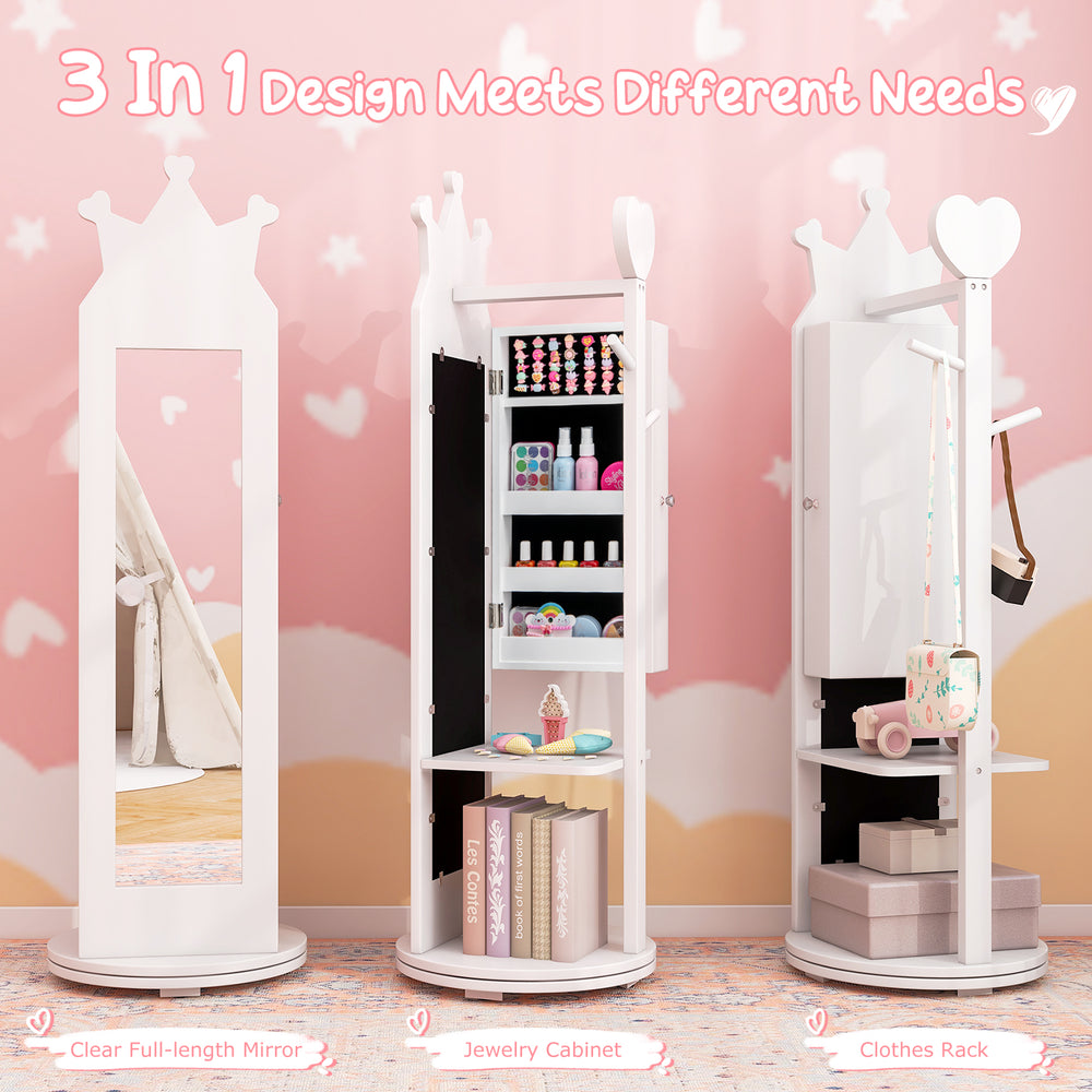Kids room furniture set featuring a princess vanity table, full-length mirror, and jewelry cabinet for organized.