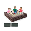 Kids playing in a brown 2-in-1 HDPE sandbox with cover, designed for outdoor fun and creativity, suitable for ages 3-12.