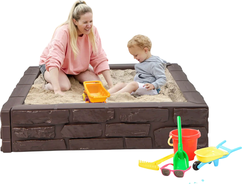 Kids playing in a brown HDPE sandbox with cover, designed for 1-4 children, ideal for outdoor fun and creativity.