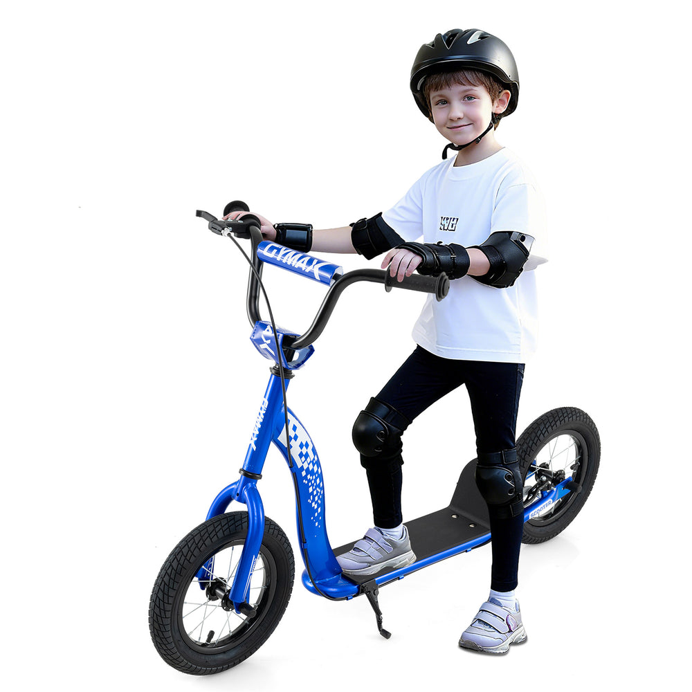 Kids scooter with adjustable height handlebar, 12-inch inflatable wheels, and non-slip deck for stable riding.