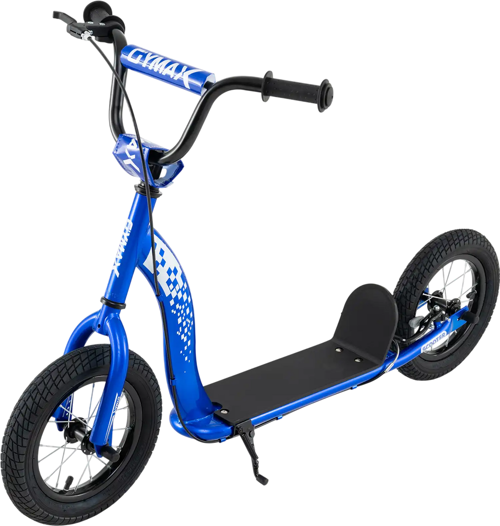 Kids scooter featuring a heavy-duty metal frame, inflatable wheels, and easy-to-grip non-slip handles for stability.