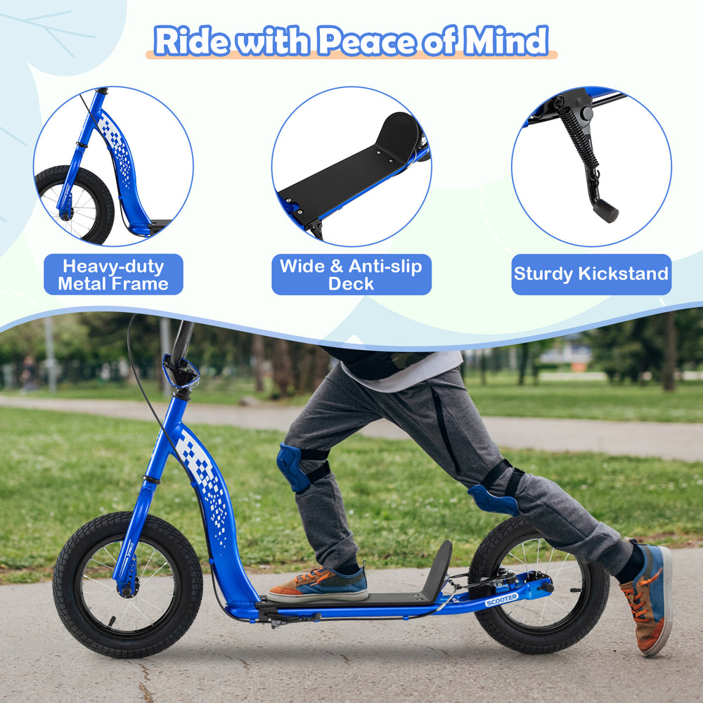Kids scooter with adjustable height handlebar, 12-inch inflatable wheels, and wide non-slip deck for stable riding.