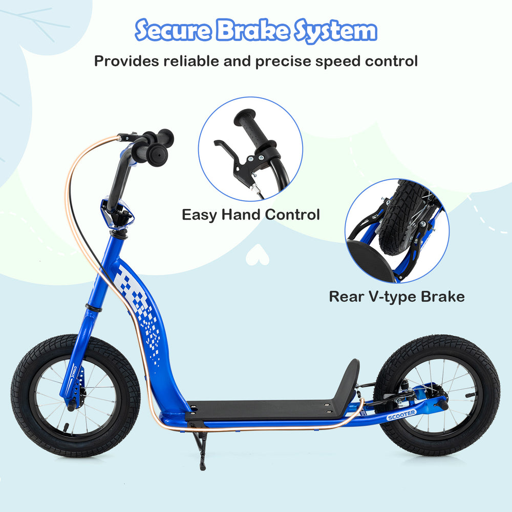Kids scooter with adjustable height handlebar, 12-inch inflatable wheels, and secure handbrake for safe riding.