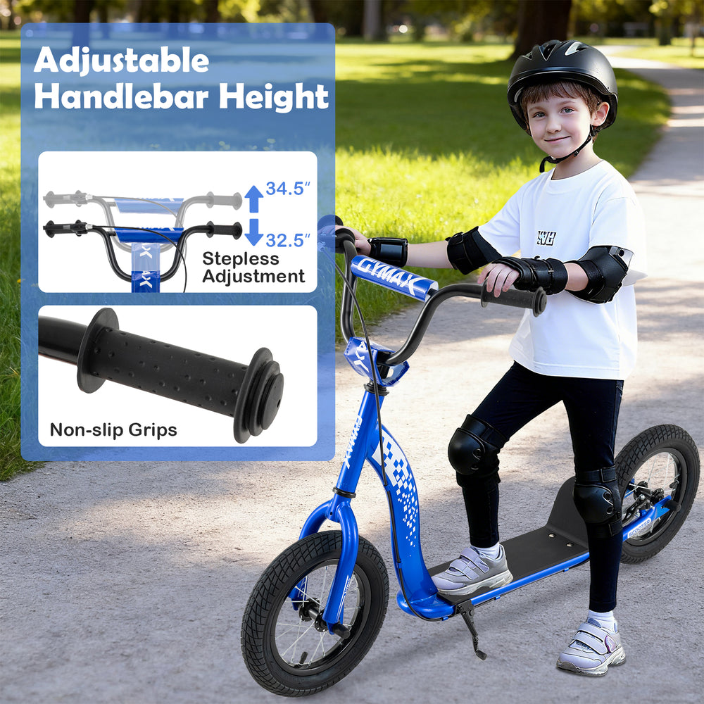 Kids scooter with adjustable handlebar height, 12-inch inflatable wheels, and non-slip deck for stable riding.