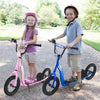 Kids riding adjustable height kick scooters with 12-inch inflatable wheels, featuring non-slip decks and handbrakes.