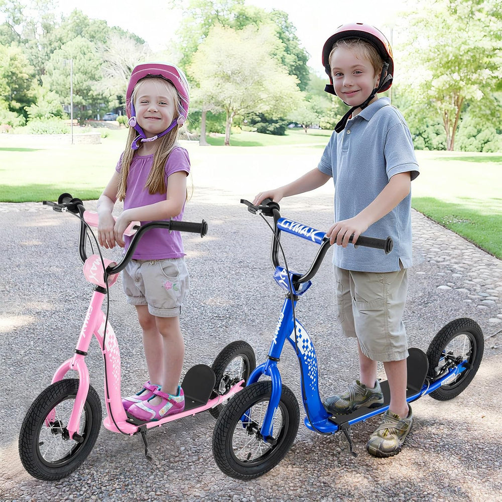 Kids riding adjustable height kick scooters with 12-inch inflatable wheels, featuring non-slip decks and handbrakes.