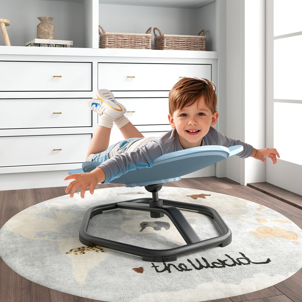 Kids sensory swivel chair in blue, featuring an elephant shape and non-slip metal base for safe, fun play and comfort.