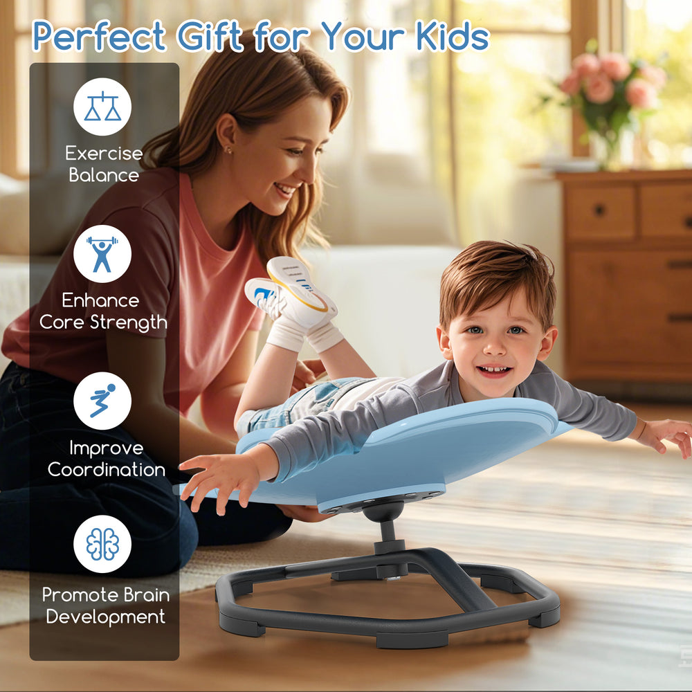 Kids sensory swivel chair in blue, featuring an elephant design, promotes balance and coordination with a non-slip base.