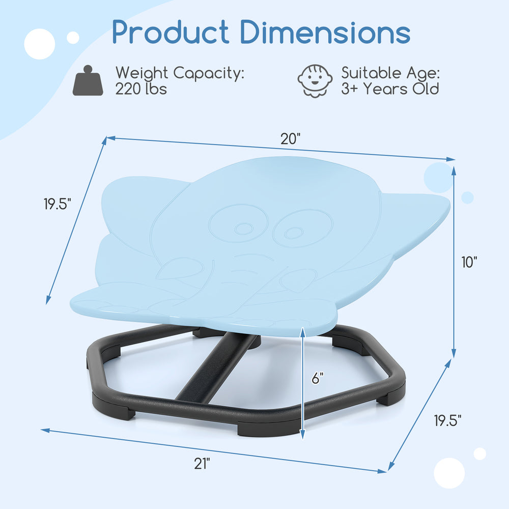 Kids sensory swivel chair in elephant shape, blue color, with non-slip metal base, promotes balance and coordination.