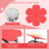 Red petal-shaped kids sensory swivel chair with ergonomic curved seat and rounded edges for safety and comfort.