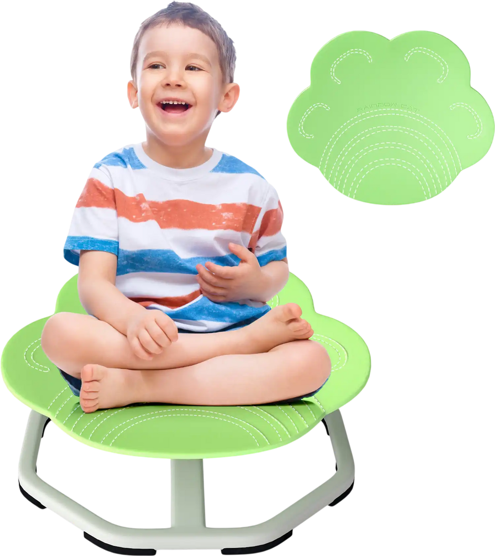 Kids sensory swivel chair in green with ergonomic design, non-slip base, and 360° rotation for fun and stability.