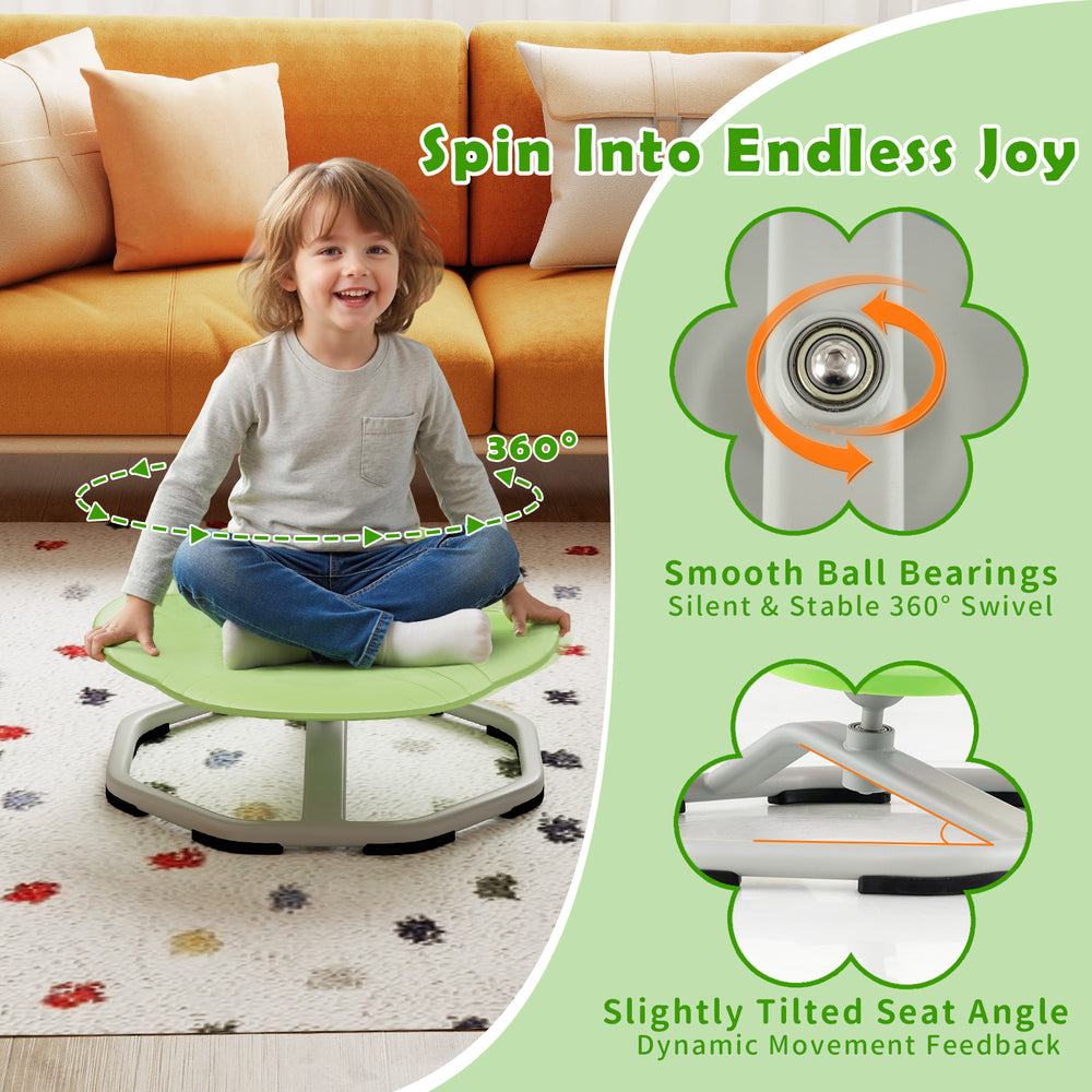 Kids sensory swivel chair in green with non-slip metal base, promoting balance and coordination for playful sitting.