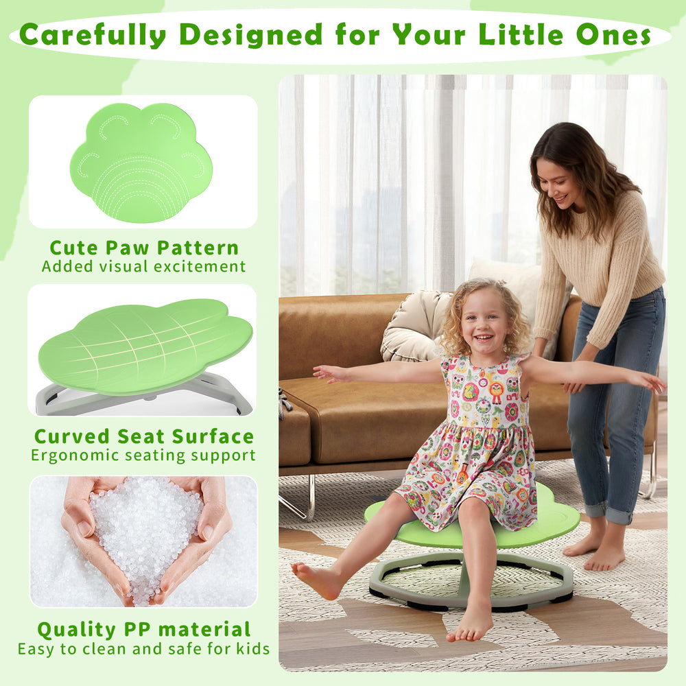 Kids sensory swivel chair in green with cute paw pattern, ergonomic design, and non-slip metal base for safe play.