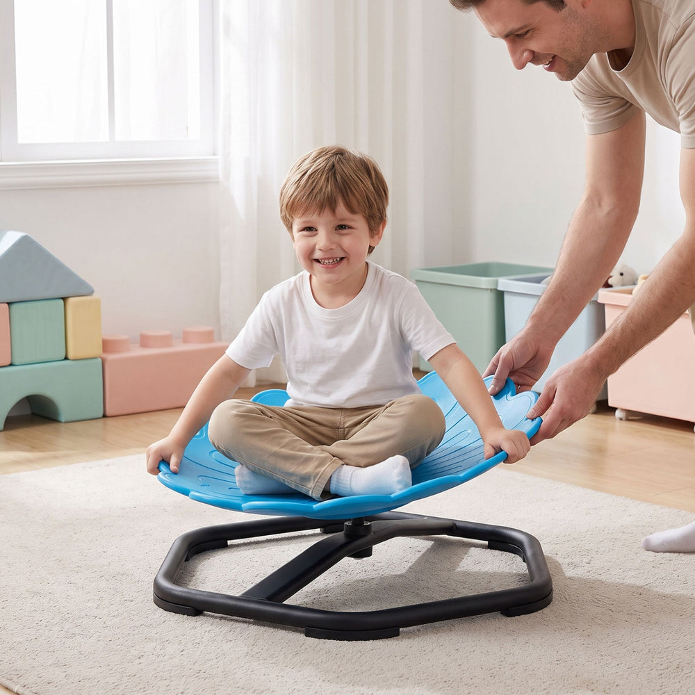 Kids sensory swivel chair in vibrant blue with a sunflower shape, designed for 360° spinning and stable indoor play.