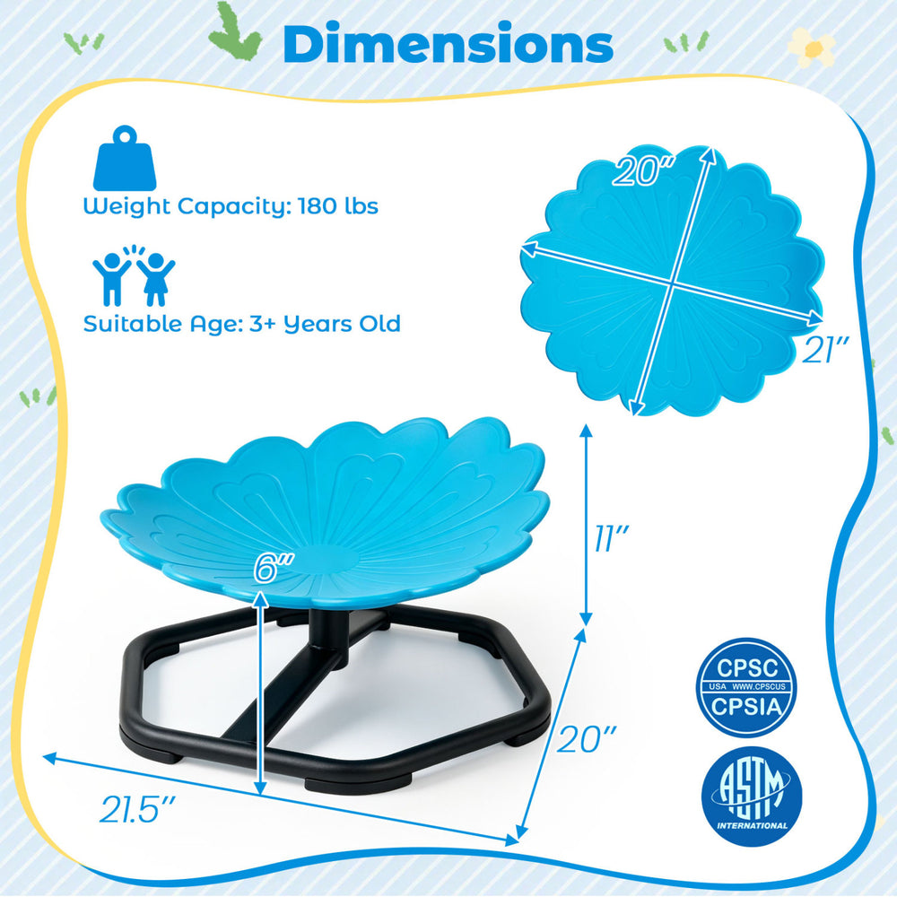 Kids sensory swivel chair in vibrant blue sunflower shape with 360° rotation, designed for toddlers' comfort and stability.