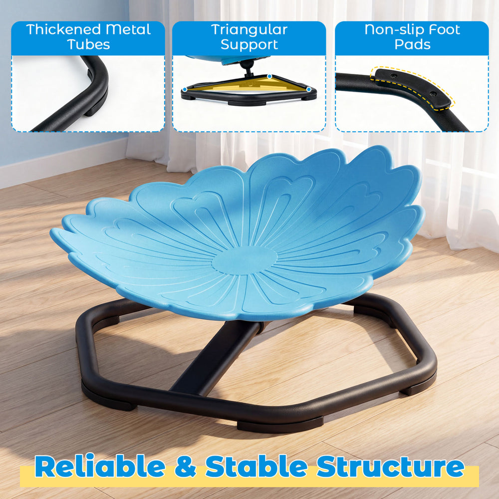 Kids sensory swivel chair in vibrant sunflower shape features a sturdy metal base and non-slip foot pads for stability.