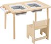 Kids sensory table set with adjustable height, two storage bins, and solid wood legs for versatile play and storage.