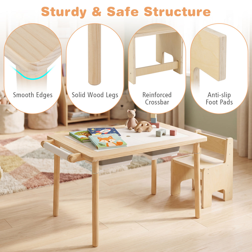 Kids sensory table set showcasing smooth edges, reinforced crossbar, and anti-slip foot pads for safe play and stability.