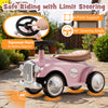 Kids sit-to-stand vehicle in pink with working steering wheel, under-seat storage, and vintage car design for fun rides.