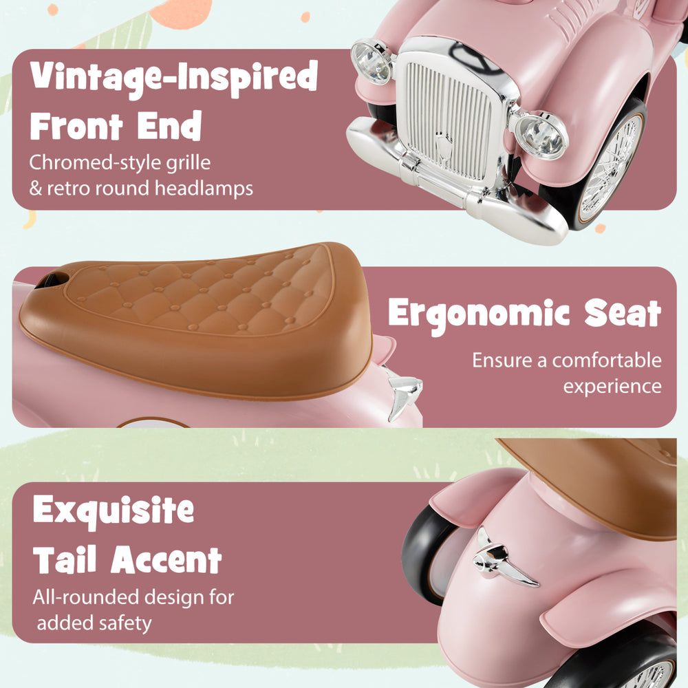 Kids sit-to-stand vehicle in pink with ergonomic seat, vintage-inspired design, and under-seat storage for treasures.