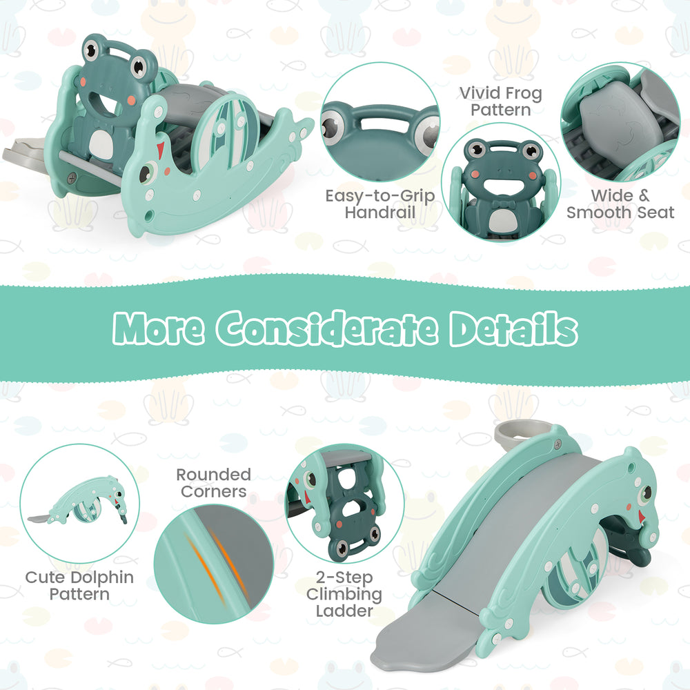 3-in-1 kids slide rocking horse set in green with frog pattern, featuring a smooth seat and 2-step climbing ladder for.