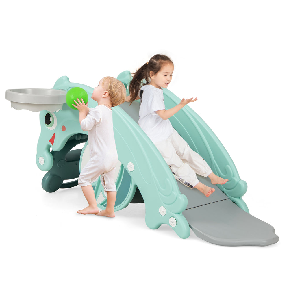 Kids slide and rocking horse set in green, featuring a basketball hoop and safe design for fun indoor play.