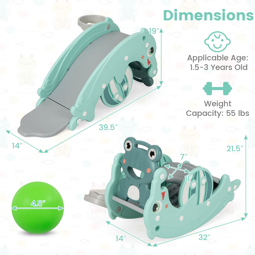 Convertible 3-in-1 kids slide rocking horse set in green, featuring a basketball hoop and safe climbing ladder for.
