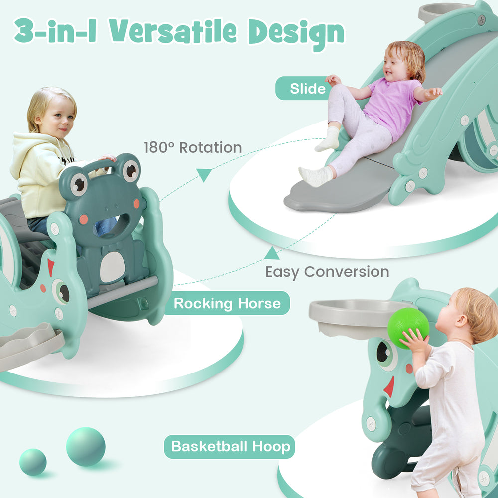 3-in-1 kids slide rocking horse set in green, featuring a slide, basketball hoop, and safe 180° rotation for easy.