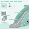 Kid-friendly green slide with buffer zone, featuring a spacious waiting area and safe design for toddlers' fun and.