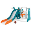 Multicolor 5-in-1 kids slide and swing set featuring a slide, swing, basketball hoop, and mini bus for active play.