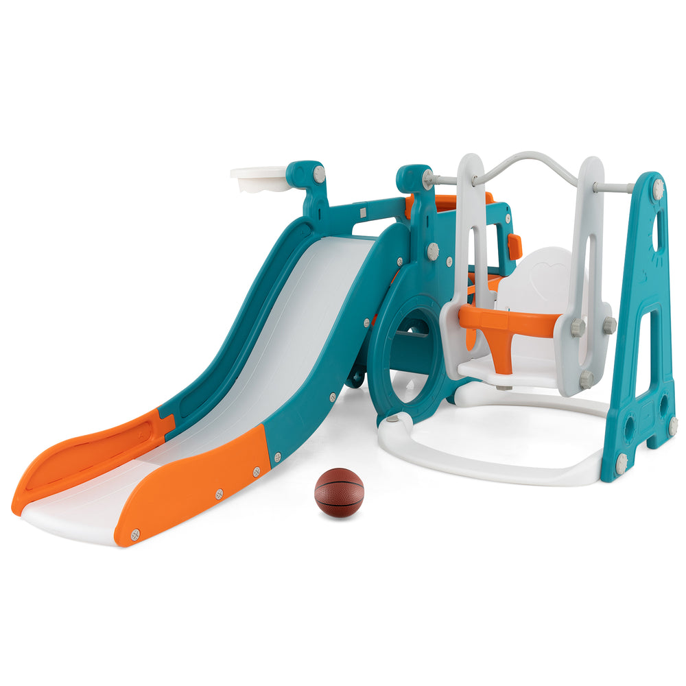 Multicolor 5-in-1 kids slide and swing set featuring a slide, swing, basketball hoop, and mini bus for active play.