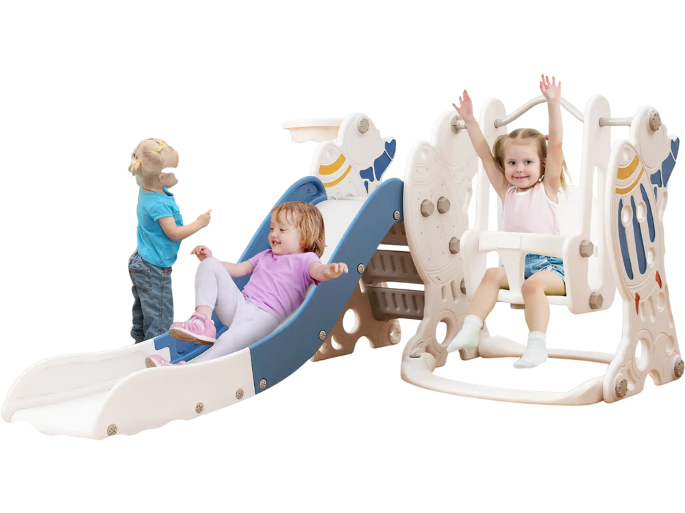Kids enjoying the 4-in-1 slide and swing set with basketball hoop, featuring safe design and foldable slide for easy.